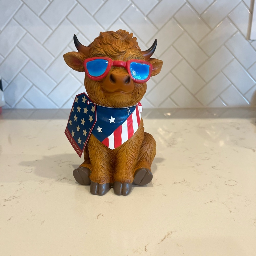 Patriotic Highland Cow with Sunglasses
